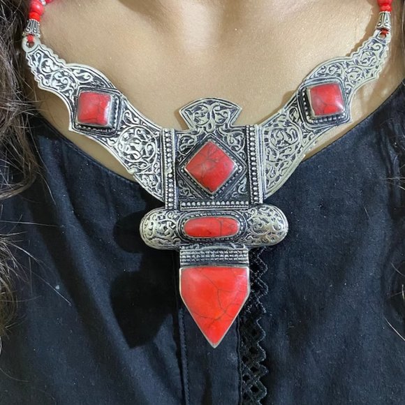 Red Tibetan Coral Gemstone Handmade Necklace,Beaded Chain Nepalese Style Necklac - Picture 2 of 10